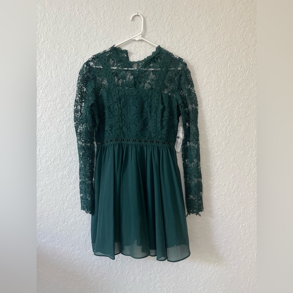 AQUA Womens Green Lace Floral Long Sleeve Short Party Trapeze Dress  - Med - Picture 6 of 7